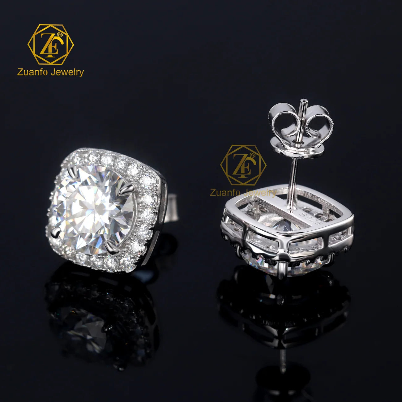 Cute Style Square & Round Brilliant Cut Moissanite Diamond Cluster Ice Out 925 Sterling Silver Stud Earrings