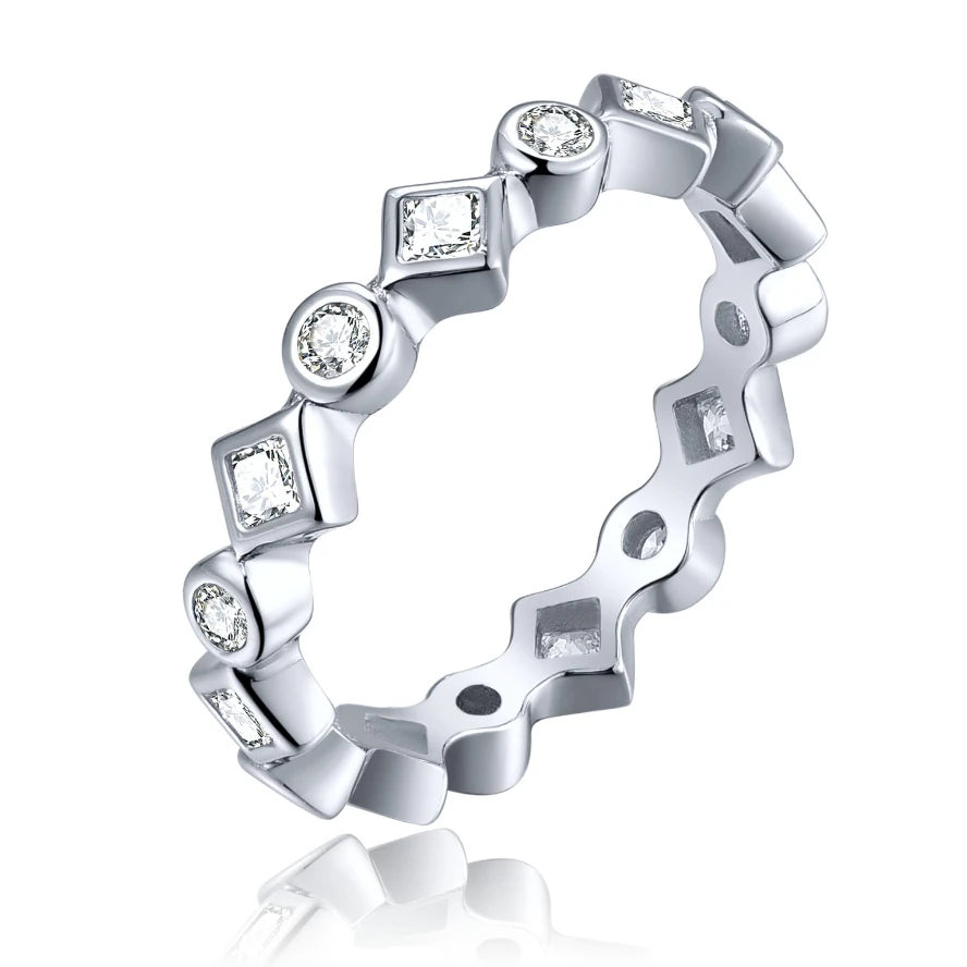 High Polish Finish Sterling Silver Eternity Band Rhodium Plated Asscher Round Cut Cubic Zirconia Wedding Band Stackable Ring 925