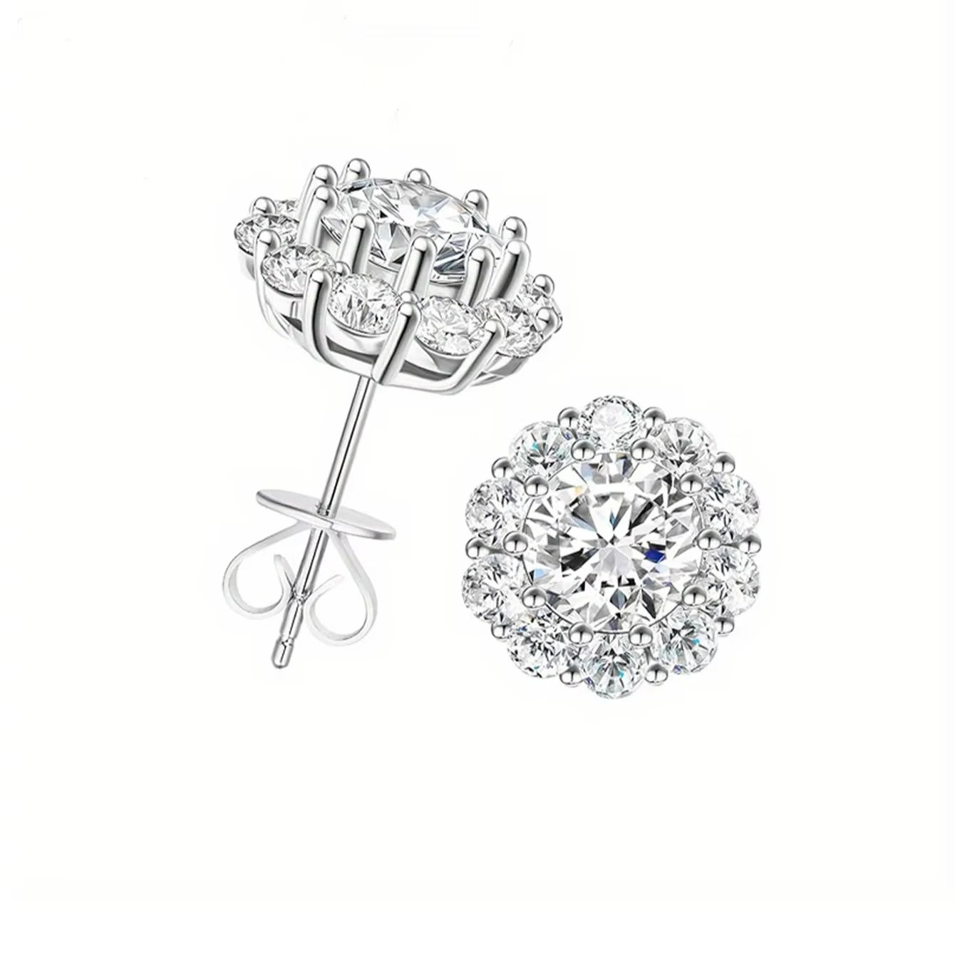 Luxury 925 Sterling Silver Tiny Moissanite Flower Stud Earrings Beautiful Wedding Bridal Gift