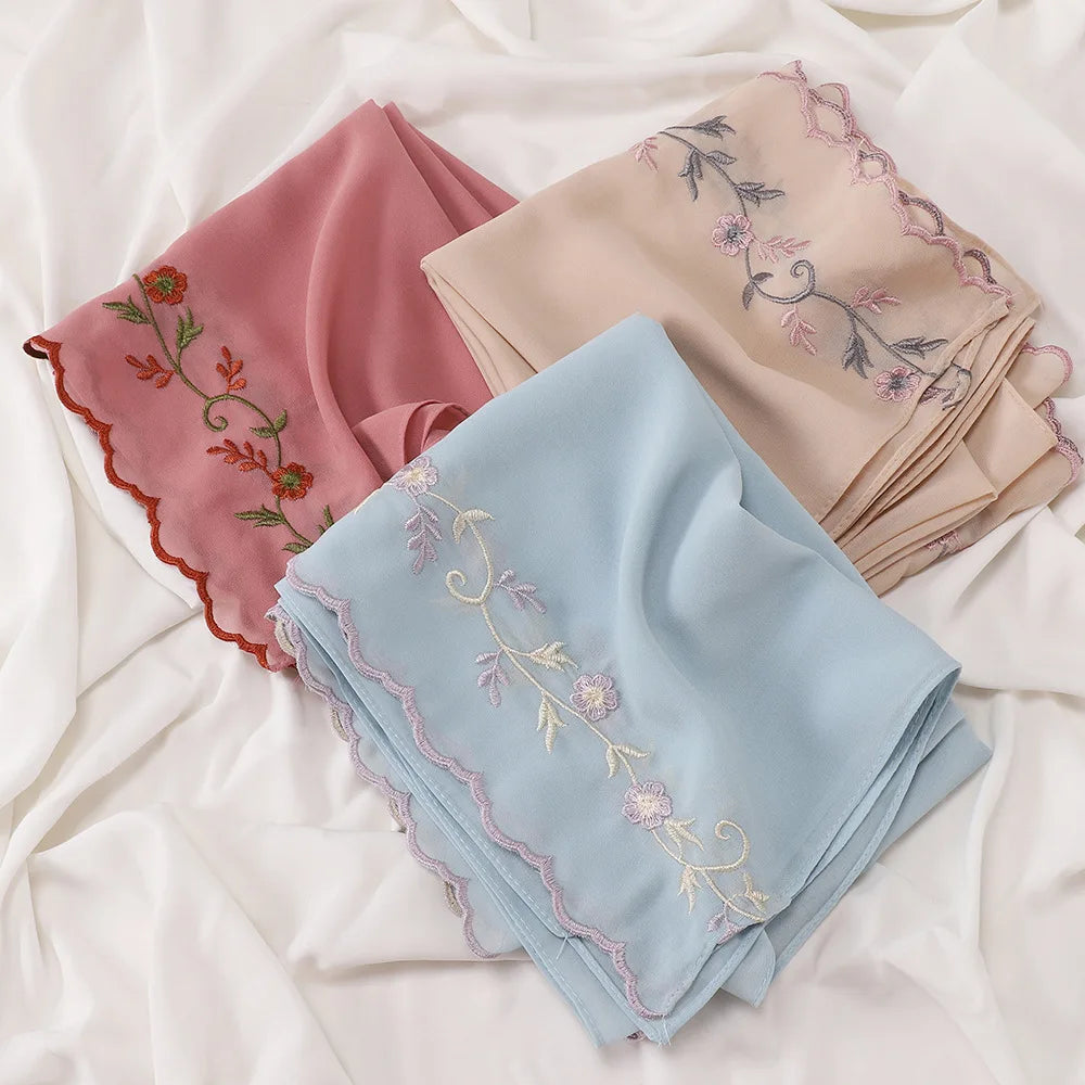 Wholesale Ladies Scarfs Hijabs With Small Flowers Embroidery Malaysia Chiffon Fabric Premium Quality Shawl New Long Hijab Modest
