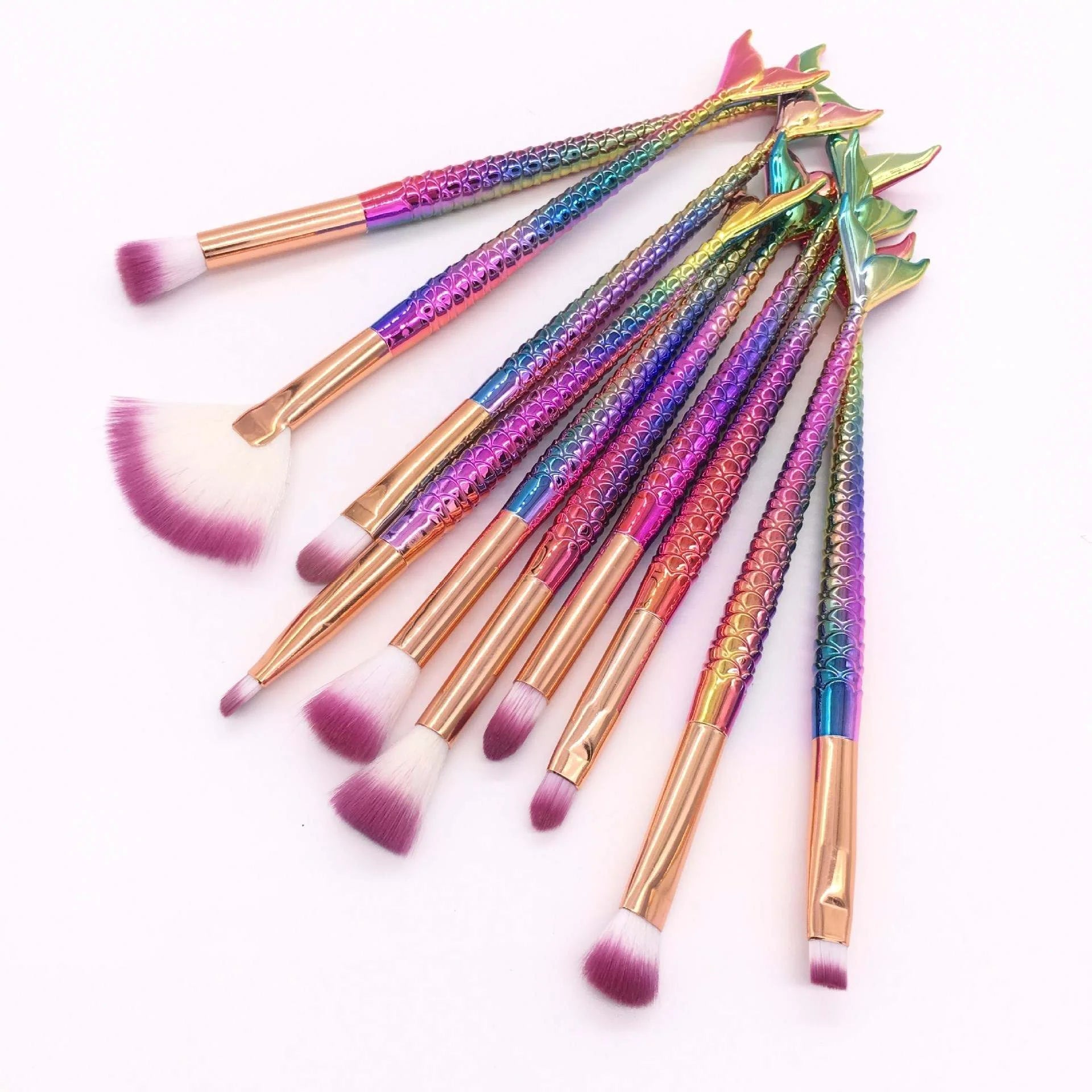 Mermaid Handle Eyeshadow Makeup Brush Set 10pcs Plastic Nylon Eye Brushes Packaging Concealer Eyeliner Blusher Lips Application