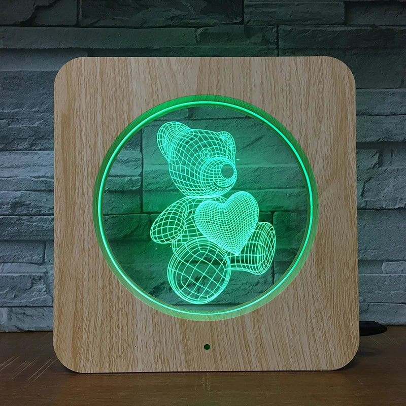 Bear with Heart Design Laser Engrave Light Wooden Texture Photo Frame 3D Lamp Gift for Friend or Home Decor