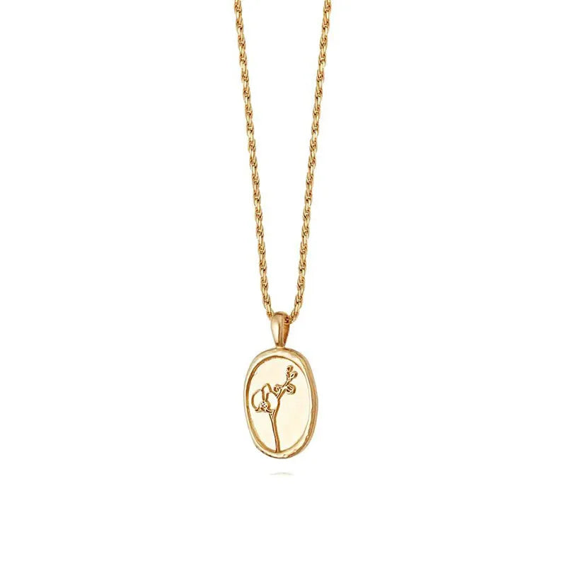 Fenny Wholesale 18K PVD Plated No Fade Dainty Oval Grass Pattern Pendant Stainless Steel Choke Chain Necklace for Women