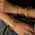 Hyperbole Minimalist 18K Gold Plated Advanced Hollow Geometric Leaf Stainless Steel Open Bracelet Bangle Set