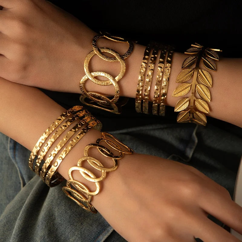 Hyperbole Minimalist 18K Gold Plated Advanced Hollow Geometric Leaf Stainless Steel Open Bracelet Bangle Set