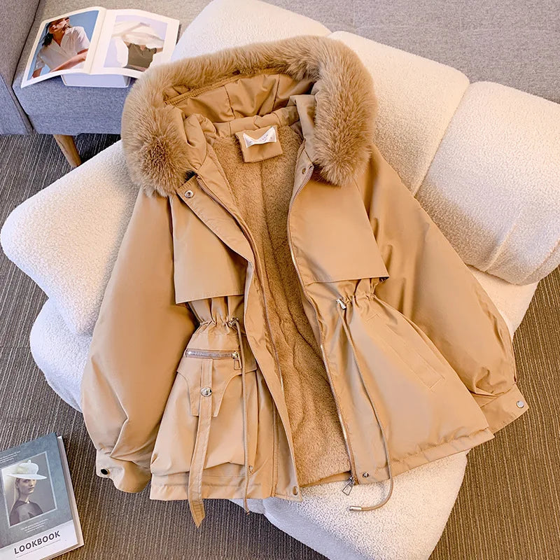 Women Warm Winter Heavy Coat Thicken Fleece Lined Parka Hooded Fur Jacket Women With Pocket