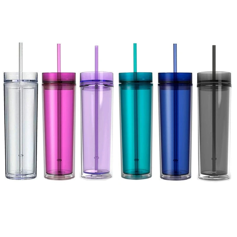 Y6 clear Double Wall Bling Plastic Drinking Cup 16oz Double Wall Acrylic Skinny Bottle Acrylic Tumbler with Straw