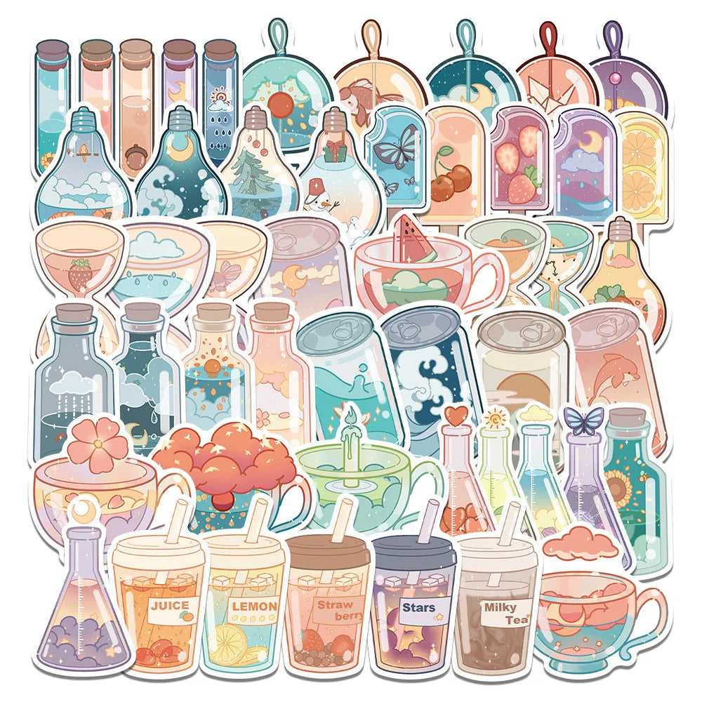 50PCS Cute transparent cartoon bottle boba milk tea drink beverage sticker