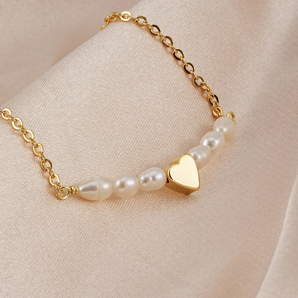 Cute Girls Summer Fashion Jewelry Women Choker Gold Plated Tiny Heart Freshwater Pearl Necklace