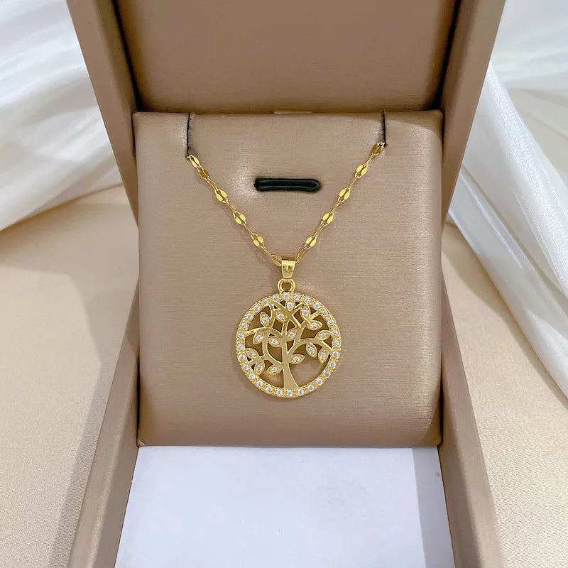 Trendy Luxury Titanium Steel Tree Shape Crystal Diamond Zircon Necklace Charm for Women Wedding Engagement Jewelry