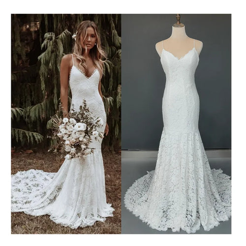 #11289 Sweep Train Sleeveless Lace Boho Sexy Wedding Dress V-Neck Open Back Spaghetti Straps Bridal Photoshoot Gown