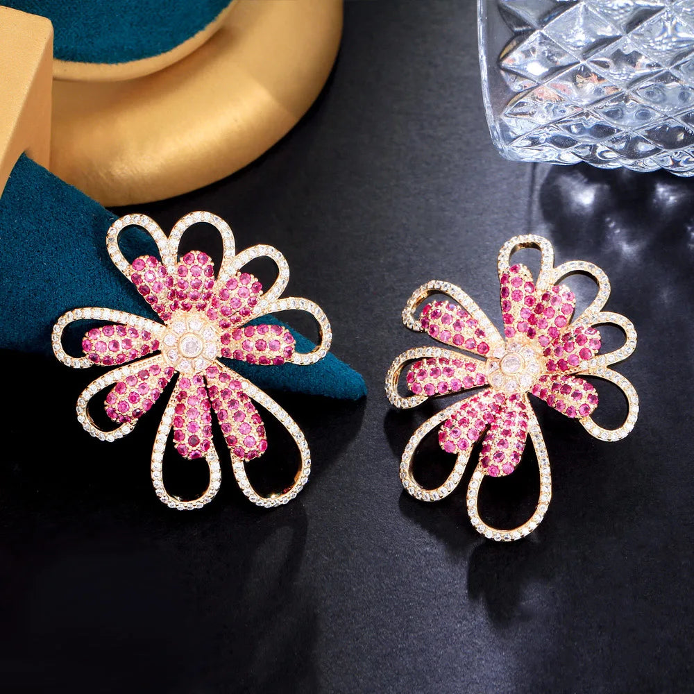 Beautiful Trendy 18k Gold Filled Rose Red Round Cubic Zirconia Stone Flower Large Stud Earrings for Girl Fancy Party Jewelry