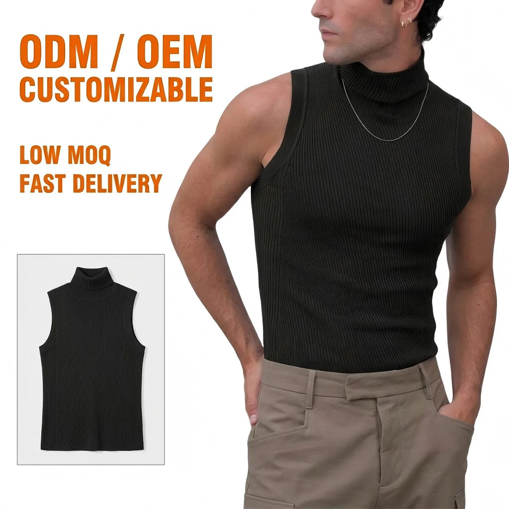 Fashion Custom Logo Turtleneck Tank Tops Workout Solid Color Sleeveless Shirts Casual Ribbed Vest for Men