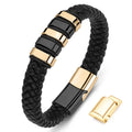 Mens Black Braided Leather Bracelet Gold Accents Magnetic Clasp Minimalist Wristband