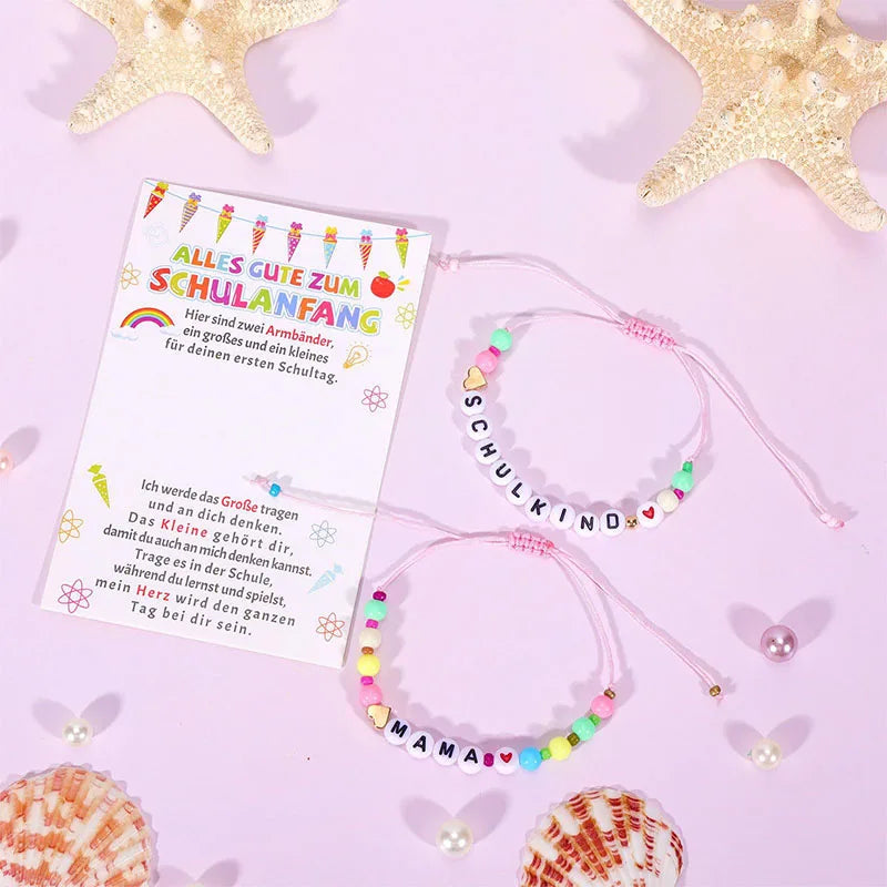 Handmade Adjustable Bracelet for Girls Initial Letter in New School Season Theme Cute Pink Pearl Gold Bead Gift for Children