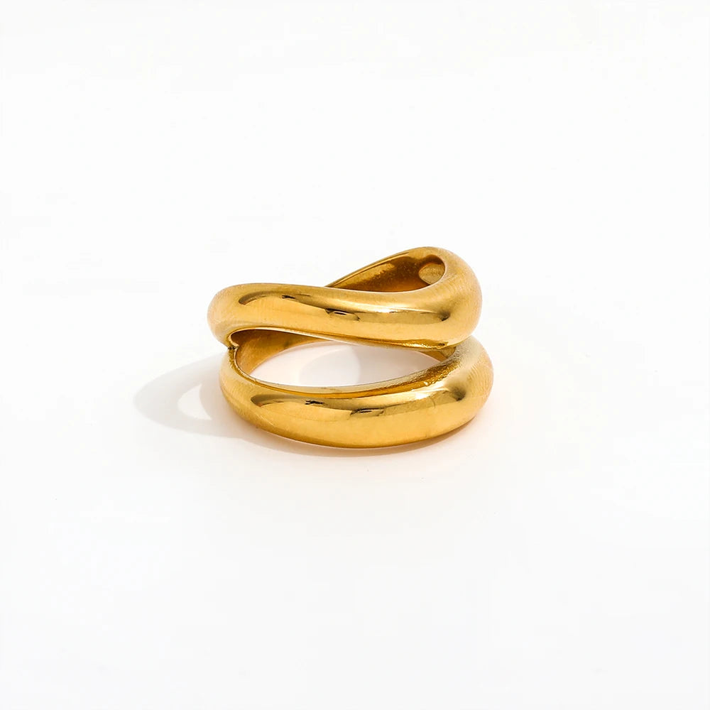 Fenny 18K Gold Plated Non Tarnish Artistic Irregular Double Cambered Band Stainless Steel Finger Ring Trend for Women