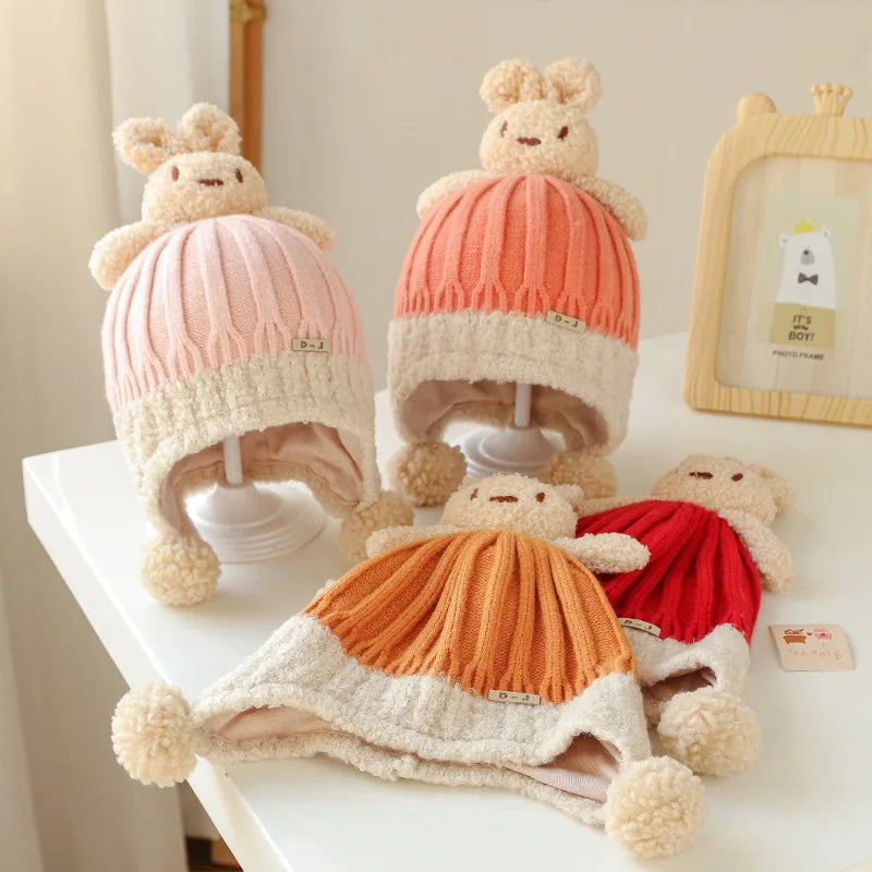 Winter Baby Hat Pompom Plus Fleece Kids Caps Cartoon Rabbit Hat for Girls Boys Ear Warmer Thicken Cap Newborn Photography