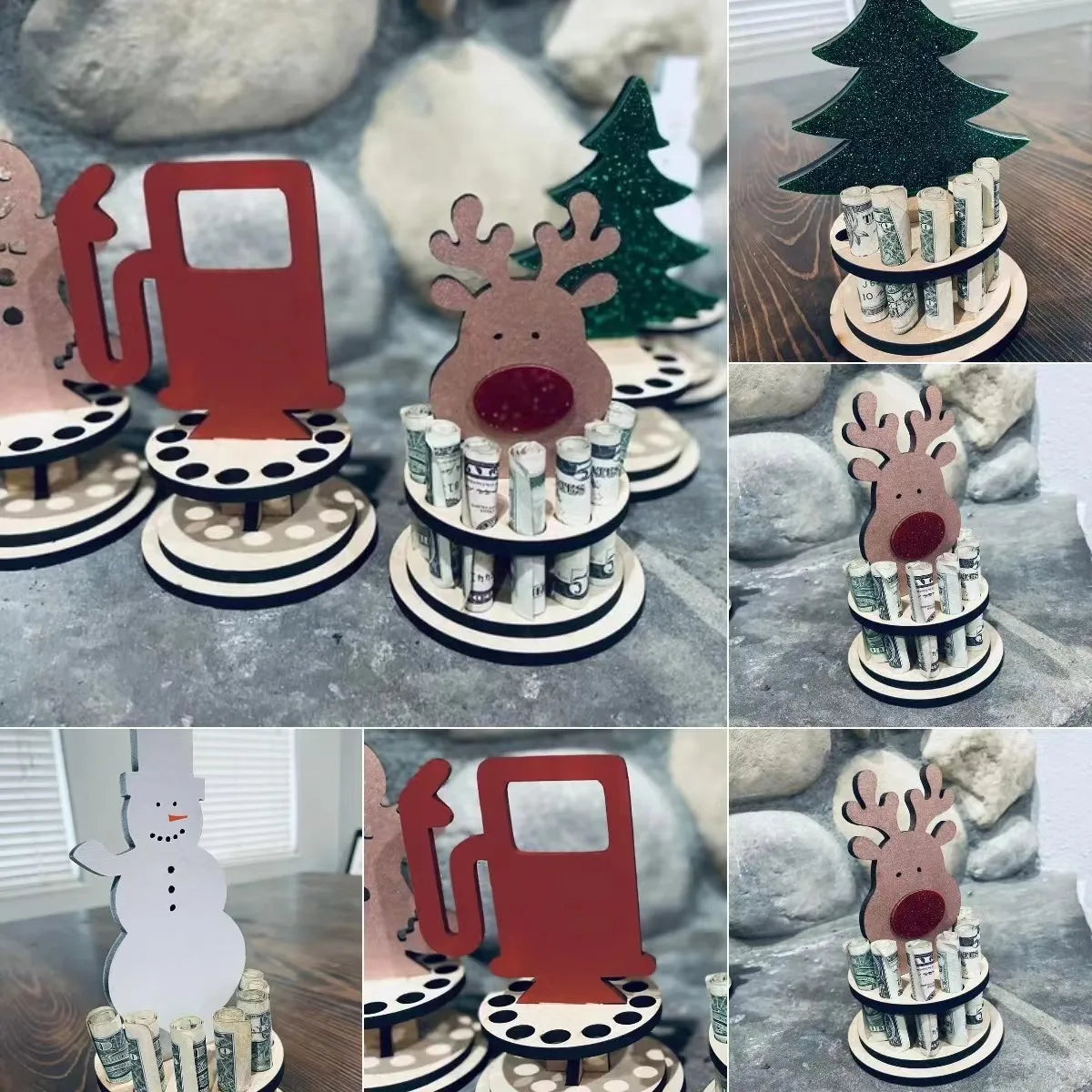 PAFU Wooden Christmas Reindeer Snowman Shape Tree Money Cake Money Cash Holder
