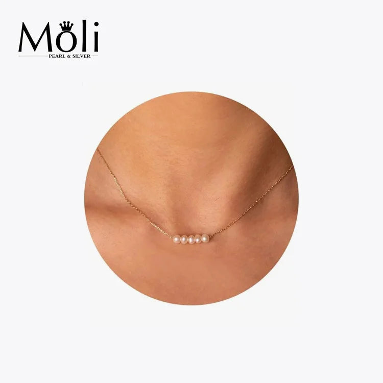 Low Cost Price Fashion Gold Stainless Steel Jewelry 4-5mm Real Rice Pearl Charm Necklace