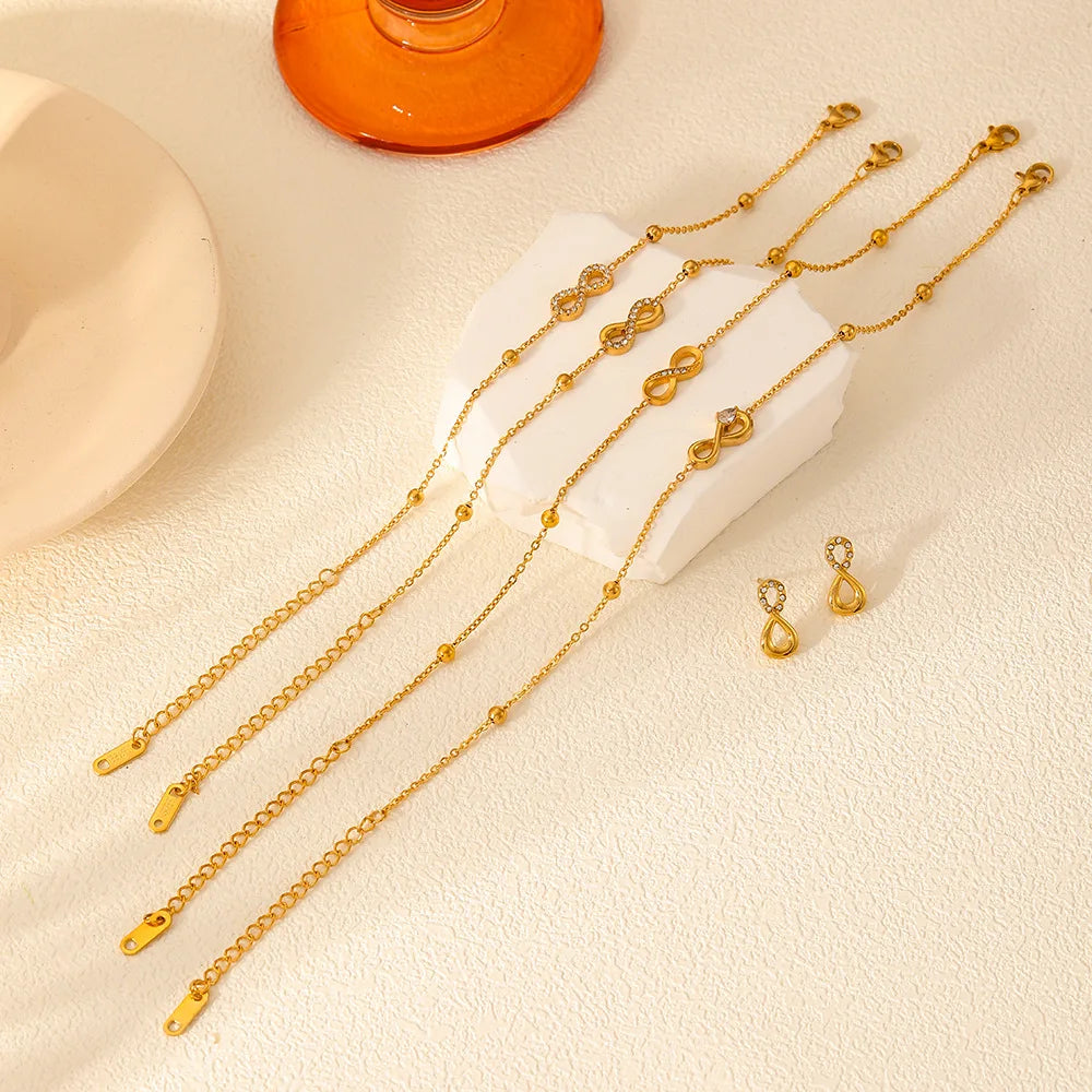 18K Gold Plated Stainless Steel Geometric Zirconia Jewelry Set Waterproof Anklet Bracelet and Earrings Set