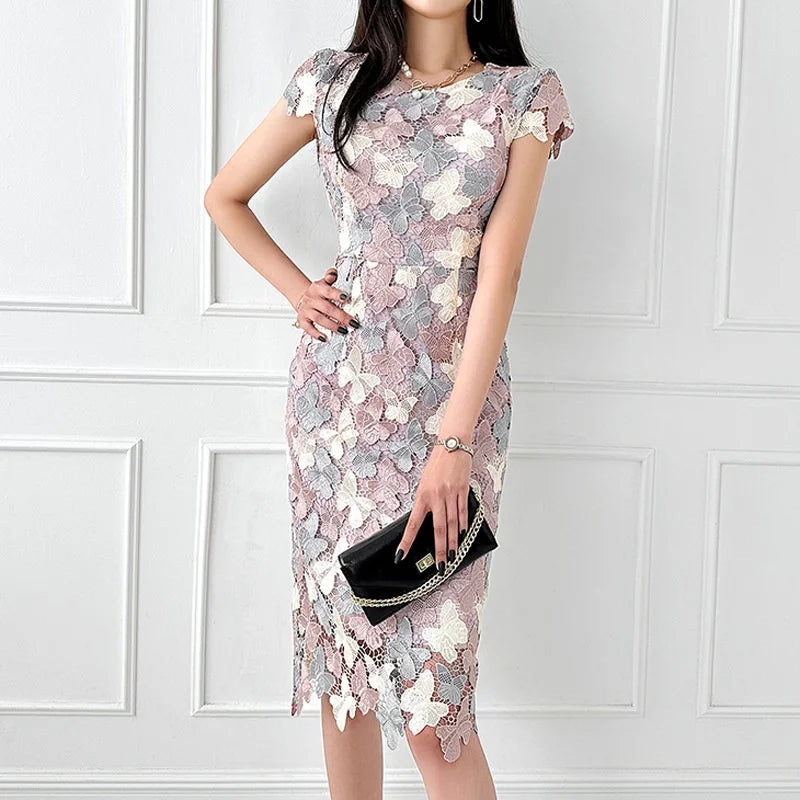 2023 Summer New Korean Women's Slim Empire XL Dress Water-Soluble Flower Lace Butterfly Design Casual Clothing for Celebrities