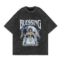 Washed T Shirt 2023 Vintage Unisex High Street Cross Pattern Oversize Shirts Fashion Mens Graphic Black T-shirts