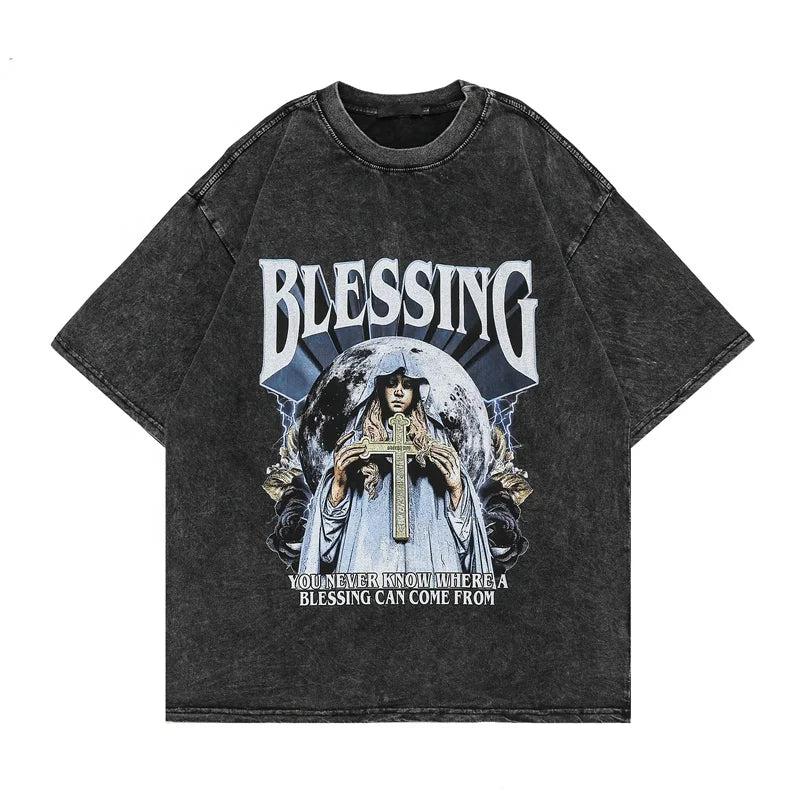 Washed T Shirt 2023 Vintage Unisex High Street Cross Pattern Oversize Shirts Fashion Mens Graphic Black T-shirts