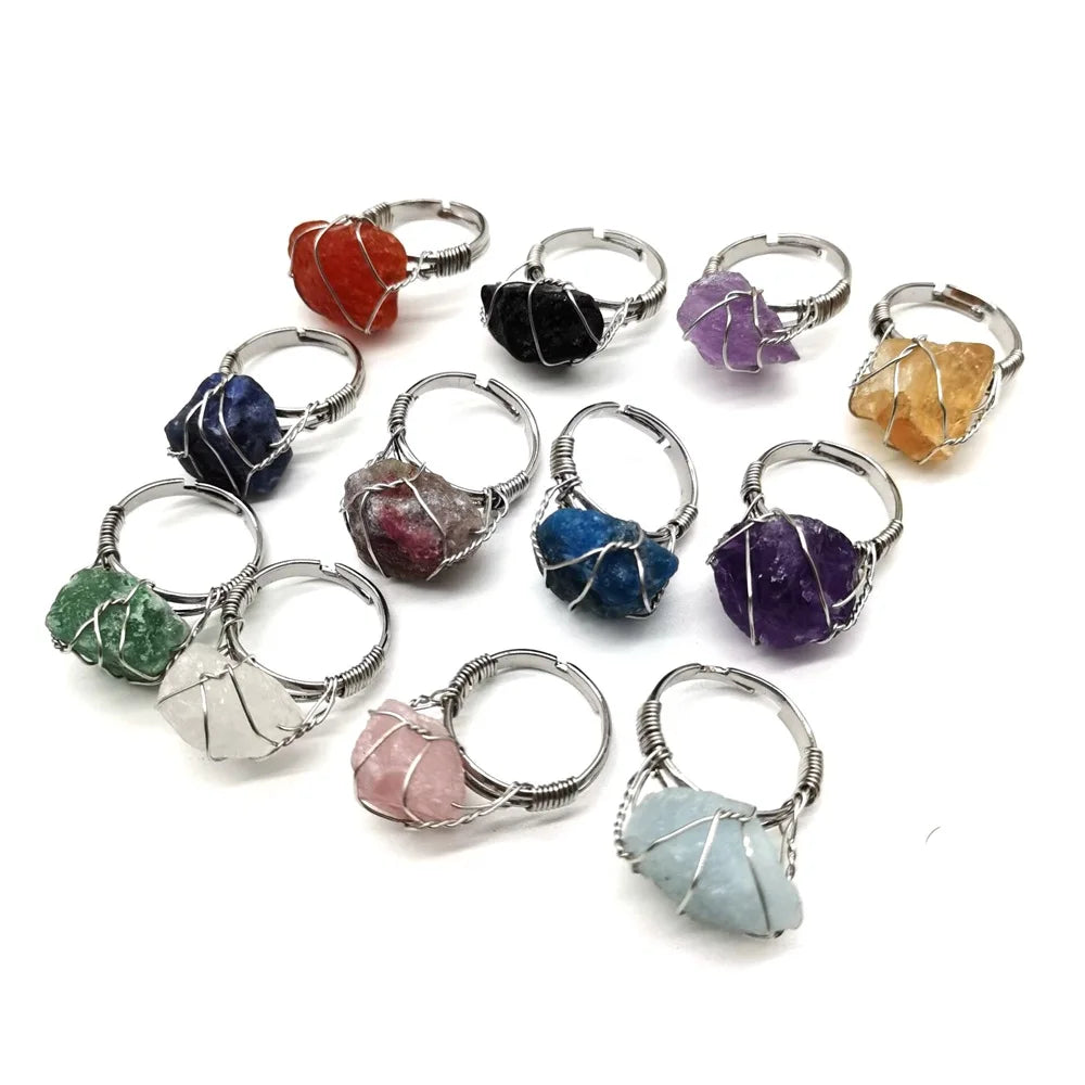 Rough Irregular Genuine Stone Adjustable Ring for Women Gemstones Jewelry Raw Stone Ring