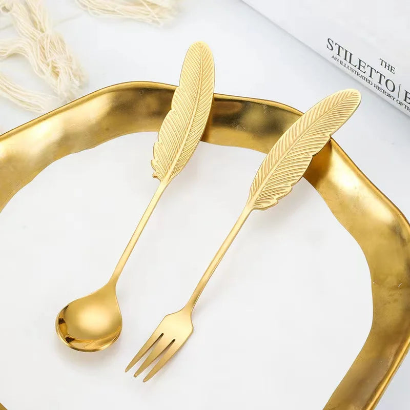 Cute 18/8 Stainless Steel Coffee Spoon Plume Tea Spoon Fruit Cake Dessert Fork