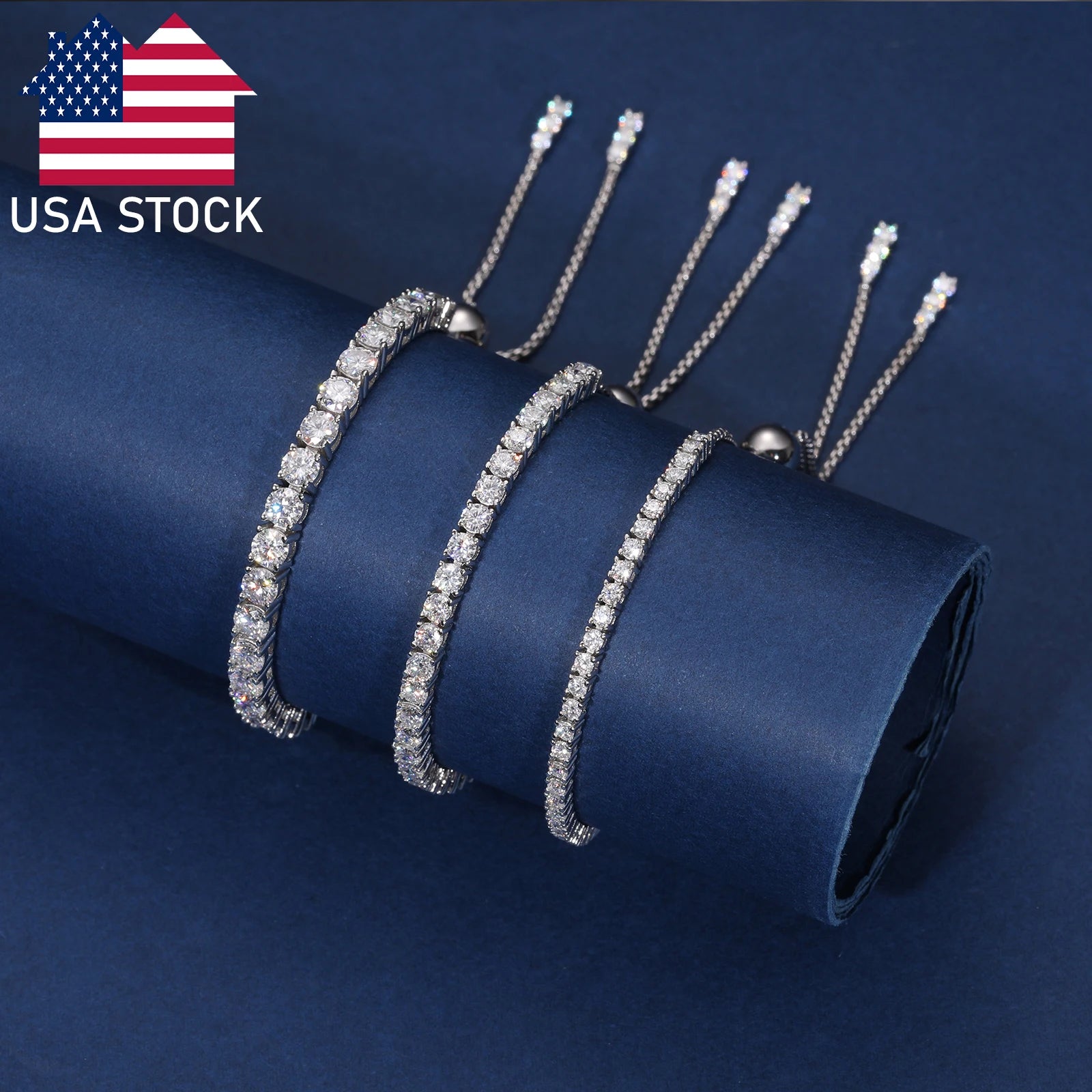 USA Stock Luxury Wedding Gift Fashion 2mm 3mm 4mm 925 Sterling Silver VVS Moissanite Diamond Adjustable Slider Tennis Bracelet