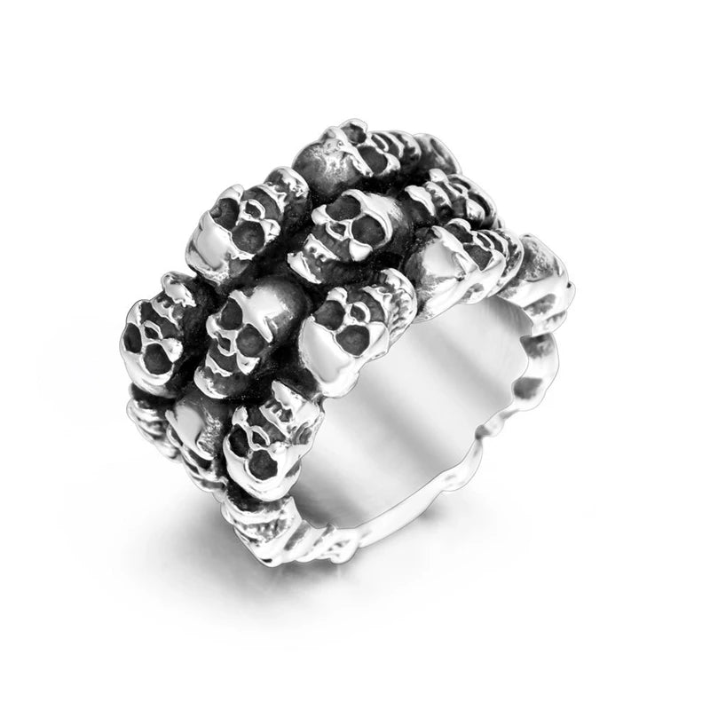 European and American Retro Skeleton Ring with Stainless Steel Skull Vintage Punk Grunge Rings for Men Rock Party Jewelry Gift