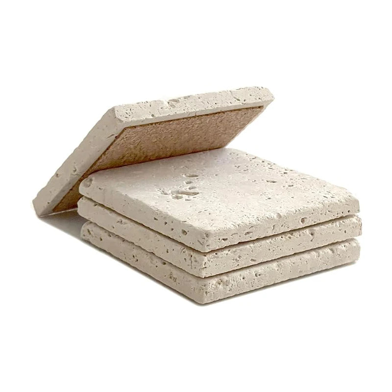 Unique Natural Beige 4'' X 4'' Square Travertine Coasters Tumbled Stone Candle Coaster Set Cork Back Eco-Friendly Customizable