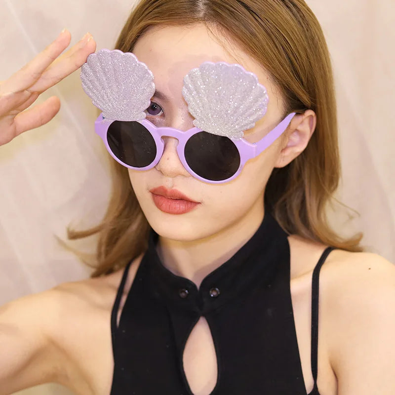 Hot Sale Purple Pink Blue Sun Shades Vintage Fashion Shell Round Sunglasses Bling Bling Party Sunglasses
