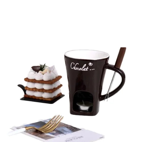 Classic Design Ceramic Cup Hot Pot for Coffee Tea for Swiss Ice Cream Cheese Water with Integrated Fork for Hot Beverages Dishes