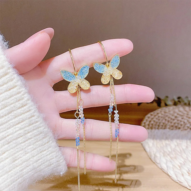 New Fashion S925 Needle Earring Korean Butterfly Crystal Long Tassel Rhinestone Drop Butterfly Earrings for Women Jewelry