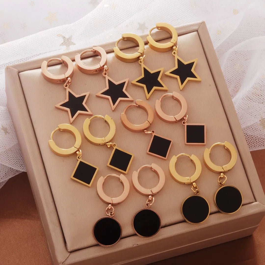 Wholesale Geometry Star Round Pendant Titanium Steel Jewelry Gold Plated Black Earrings