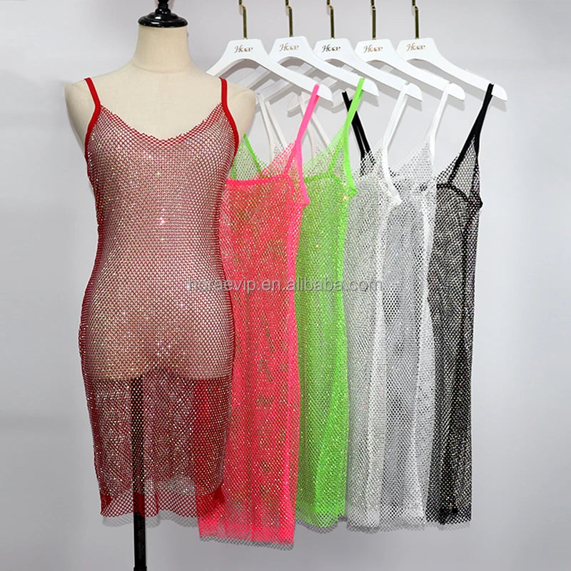 HM028 Rhinestone Dress Beach Mesh U Neck Club Bling Stone Lady Sparkly Crystal Beach Cover up Evening Crystal Mini  Dress