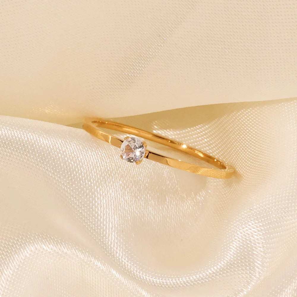 Fashion Minimalist Stainless Steel Gold Plated Finger Ring Waterproof Cubic Zirconia Wedding Gemstone Ring Bagues Bijoux Femmes