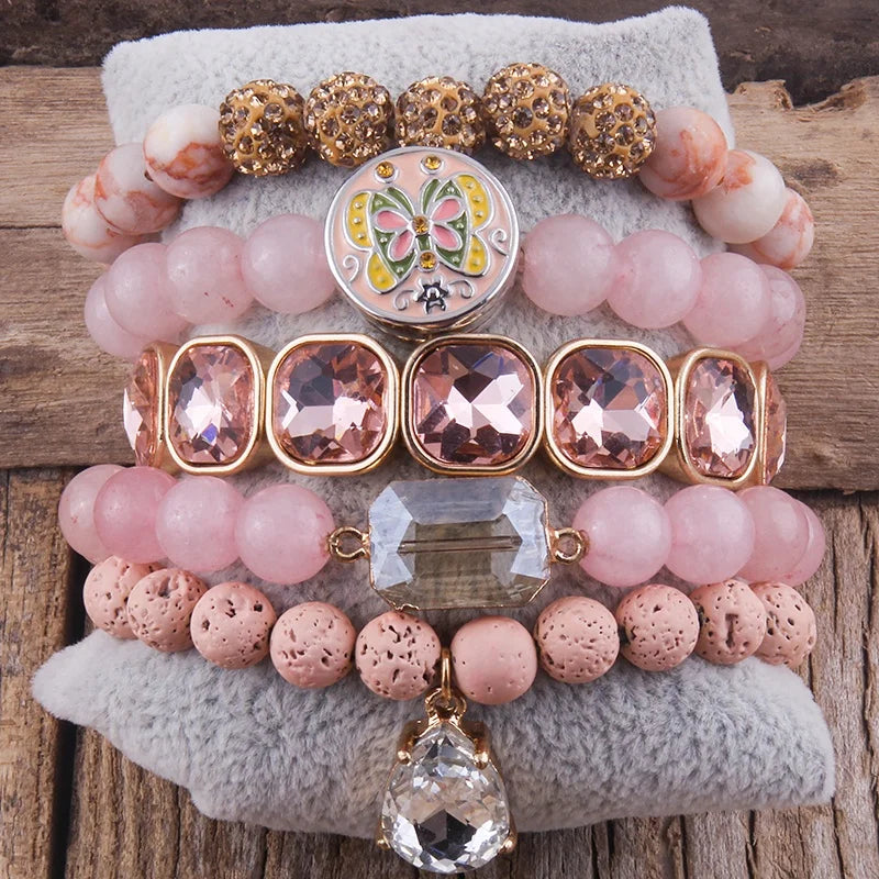 Crystal Glass Natural Gemstone Beaded Bracelet Set pink Quartz Alloy Rhinestone Epoxy butterfly Button Druzy Stack Bracelet Set