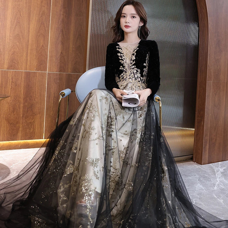 New Velvet Long Sleeve Banquet Evening Dress Female Host Party Elegant Sweet Mesh Evening Party Dresses