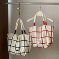 New Ins Style Korean Canvas Handbag with Woven Shoulder Strap and Embroidered Plaid Design Travel Essentials Letter Pattern Bag