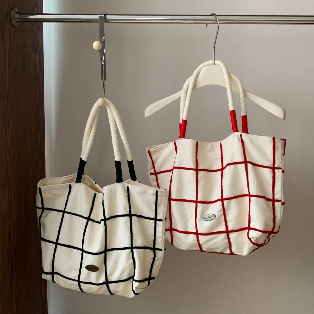 New Ins Style Korean Canvas Handbag with Woven Shoulder Strap and Embroidered Plaid Design Travel Essentials Letter Pattern Bag