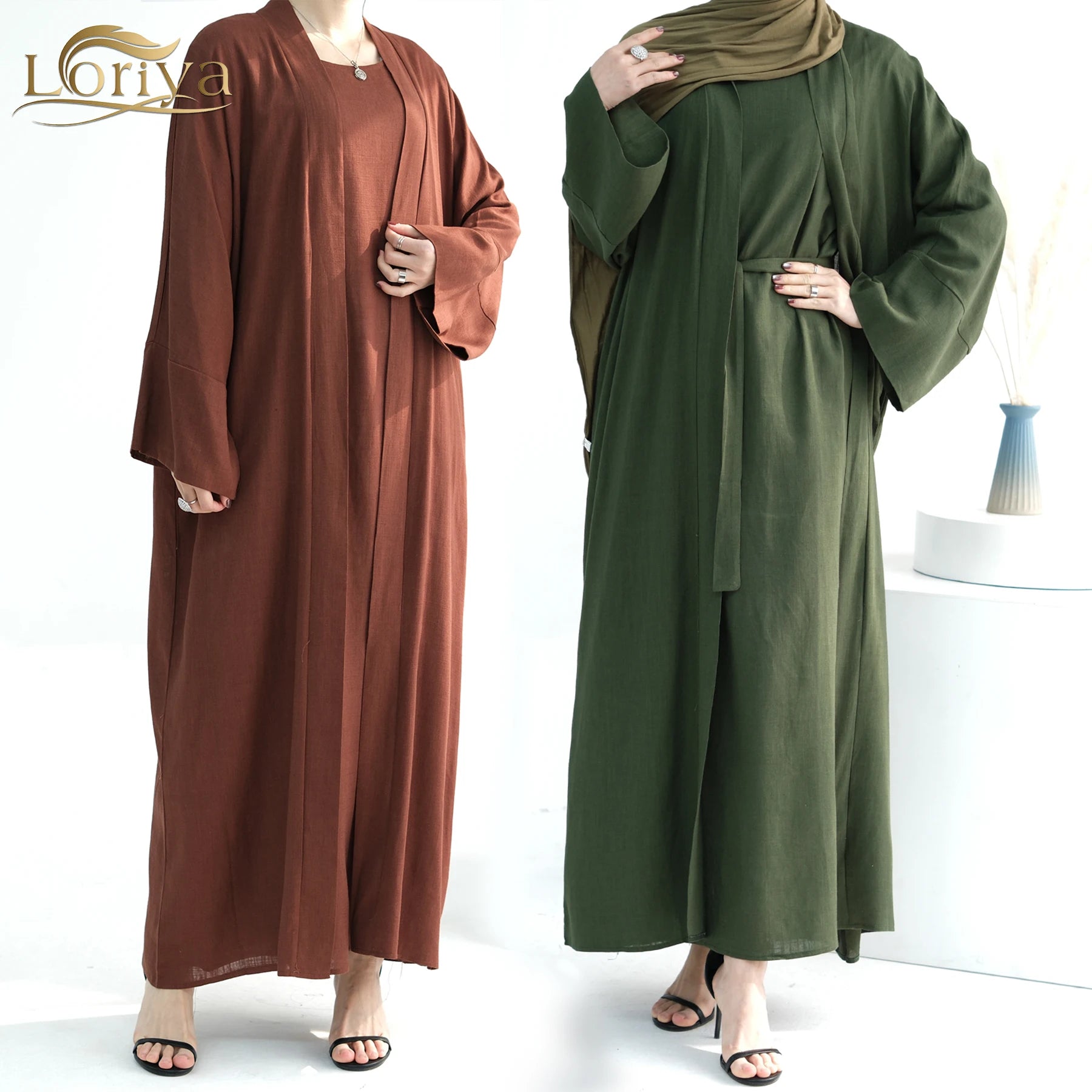 Loriya New Nature Pure Linen Abaya Muslim Abaya Womens Dresses Breathable Turkey Islamic Clothing 2 Piece Abaya Set