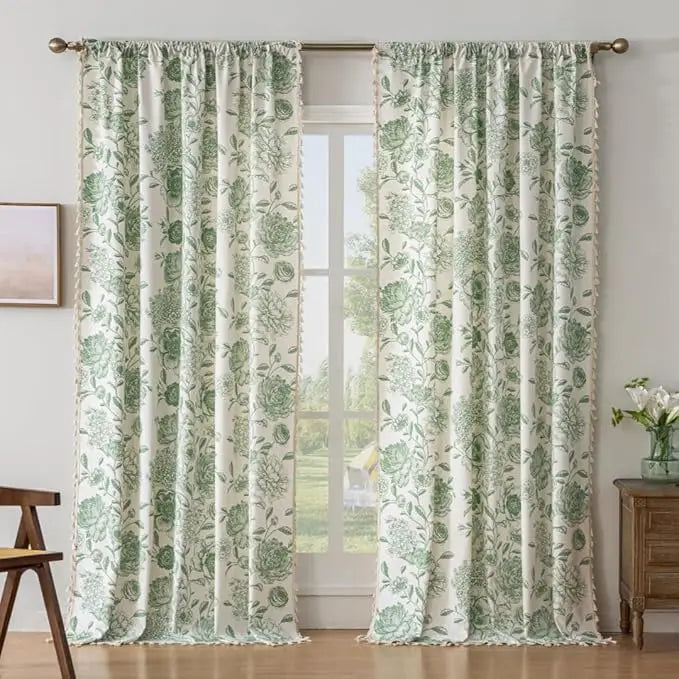 Green Floral Farmhouse Linen Cotton Curtains with Tassel Rod Pocket Knitted Techniques for Living Room