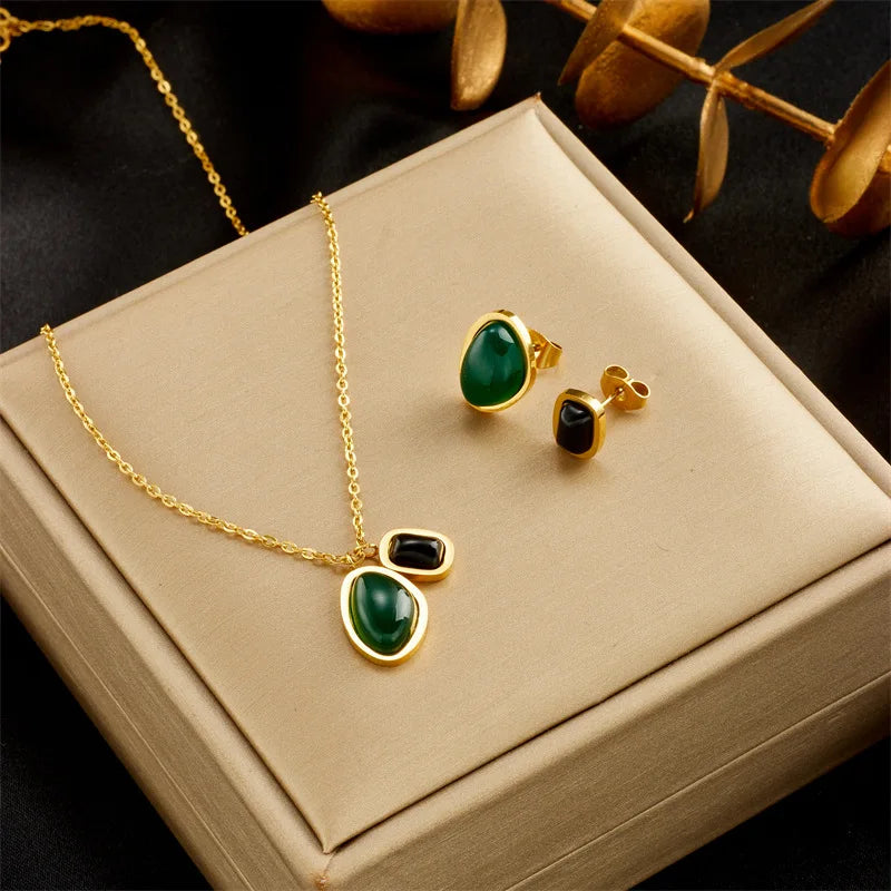Titanium Steel Geometric Trendy Wedding Engagement Malachite Pendant Necklace Earrings Women's Jewelry Set