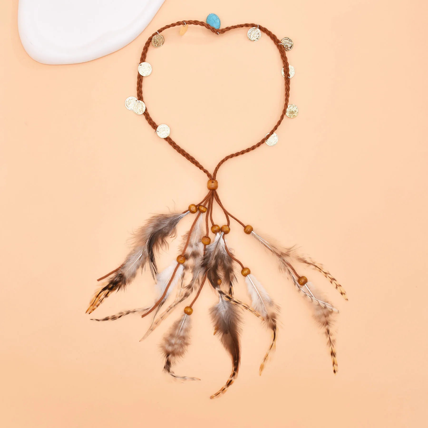 Bohemian Leather Rope Headband with White Blue Feathers and Wood Beads Elegant Feather Hair Accessories