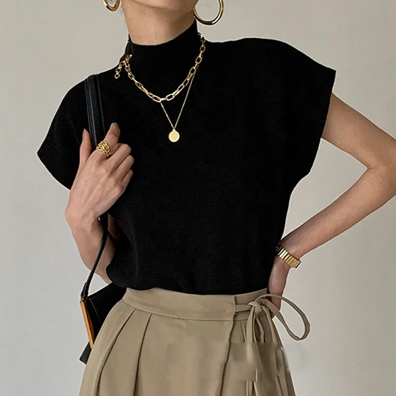 Shirt and Blouses Woman Stand-up Collar Knitted Vest Loose Elegant Tops Women Short Sleeve Office Lady Fashion 2023 Summer
