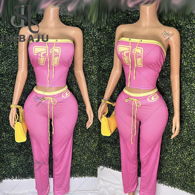 Women Letter Print Chic 2 Piece Set Y2K Streetwear Outfits 2025 Lace up Bodycon Tube Top+Matching Pants