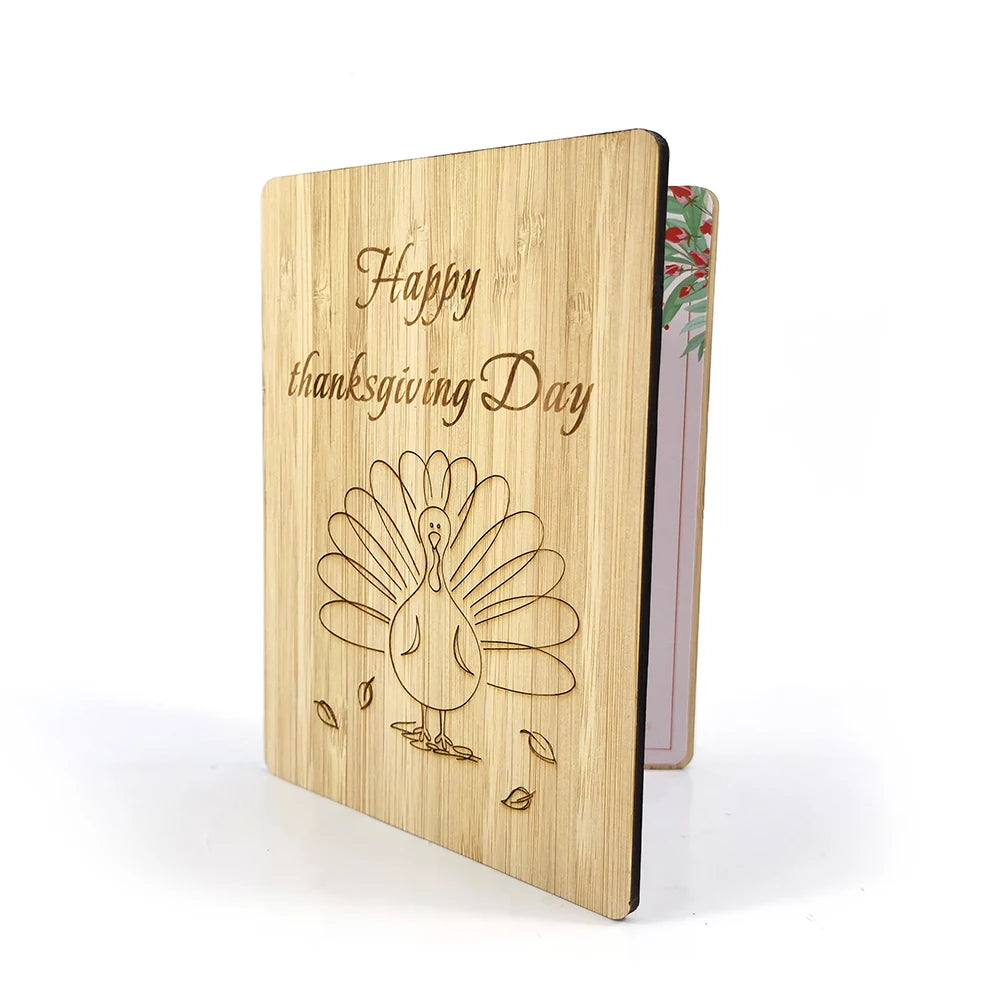 Custom Thanksgiving Greeting Cards Bamboo Laser Engraved  Wooden love Thanksgiving Greeting Cards for Gifts