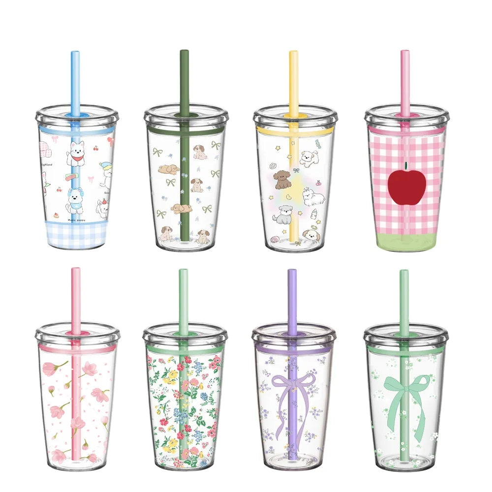Whosale Custom Logo Straw Plastic Cups  Double Wall Reusable Cup BPA Free Eco-environment Plastic Tumbler with Straw and Lid